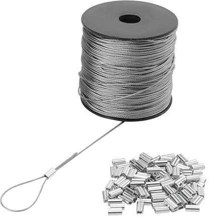 Edelstahl-Basteldraht, Schmuckherstellung, 1 mm, 122 m Edelstahlspule, Länge mit 100 Stück Crimpklemmen, Schlaufenhülse, 7 x 7 Litzenkern