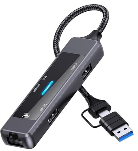 Multi-Port USB 3.0 Hub, 5 in 1 Dockteck, Dock Ethernet, USB C Adapter mit LAN RJ45, USB 3.0, für Laptop Telefon Tablets SD TF Kartenleser