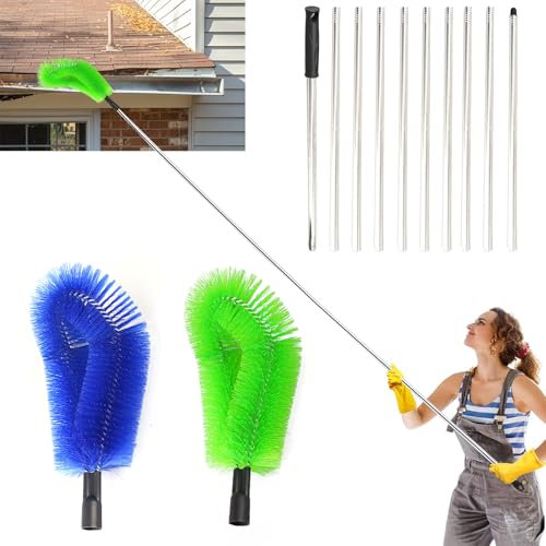Telescopic Gutter Cleaning Tools - 12.7Ft 10 Pole Extendable Gutter Cleaning Brush, 387CM Roof Gutter Cleaner Equipment, Hard Bristle &Soft Bristle 2 Brish Head for Leaves Debris Window Spider Web