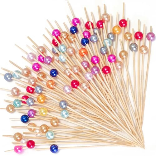 LIERFIS 200 Piezas Pinchos Cocktail, 12cm Palillos de Perla para Aperitivos Pinchos de Bambú para Bebidas, Frutas, Embutidos, Sándwiches, Decoración de Bar, Comida para Fiestas,Multicolor
