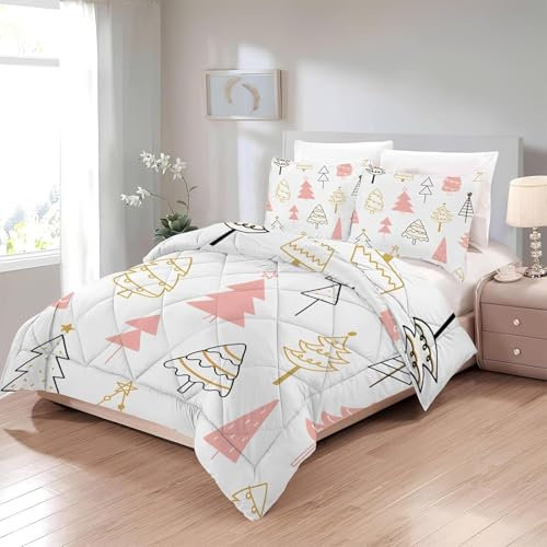 Bettdecke 200x220 Ohne Bezug Nutzbar, Weihnachtsbaum Drucken Bettdecken Waschbar Ganzjahresdecke Weiß 4 Jahreszeiten Steppdecke, Bettzeug Microfaser mit 2 Kissenbezug für Sommer Winter Doppelbett