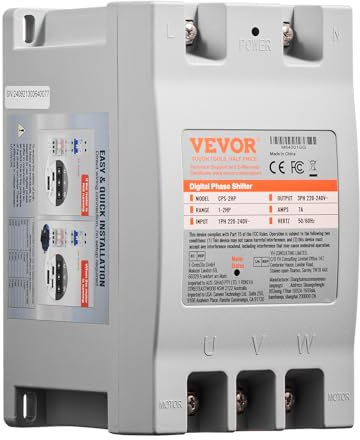 VEVOR Convertisseur triphasé 2HP 7A 220V monophasé vers 3 phases, entrée/sortie 220V, déphaseur numérique pour usage résidentiel et commercial