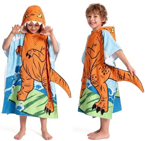 OLAOLA Kids Surf Poncho Beach Towel - Microfiber Printed Dinosaur Hooded Wearable Swim Towel for Boys Girls Ages 3-12 Years
