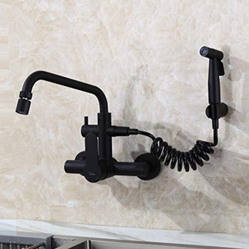 kitchen faucet Wall-mounted faucet Concealed type 304 stainless steel Hot and cold water tank Faucet Spray Single lever Laundry pool Kitchen Universal rotation (black)