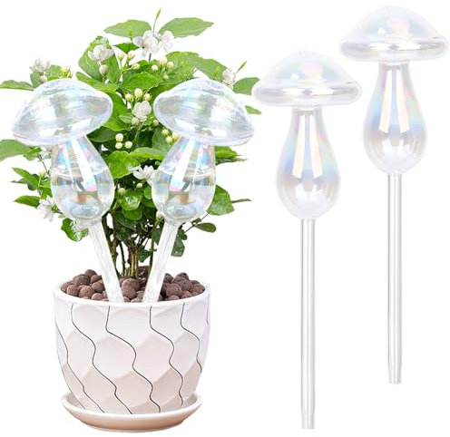 LOMUG 4 Stück Bewässerungskugeln Groß, Wassertropfen Pilz Selbstbewässerung, Wasserkugeln für Pflanzen, Glas Bewässerungsspieß, Bewässerungskugeln Glas für Zimmerpflanzen, Garten und Balkon