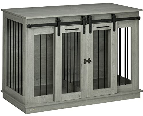 PawHut Hundekäfig Hundebox 2-Raum-Option 2 Türen 120 x 60 x 88,5 cm Grau | Hundehütte, Haustierkäfig, Hundehaus für Mittelgroße Hunde