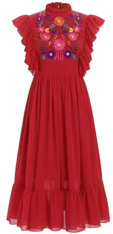 ABEHIK Mexican Embroidered Dress for Women Traditional Flutter Sleeve Casual Summer Floral Cinco De Mayo Fiesta Outfit Dance Beach Vacation Wedding Party Ruffled Neck Midi Dresses Red S