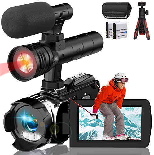 Dumjug 4K Night Vision Camcorder Digital with IR Light,270° YouTube Vlogging Camera Recorder, 20X Digital Zoom, Full HD 3.0‘’ Camcorder with Microphone, with Tripod 2 Batteries