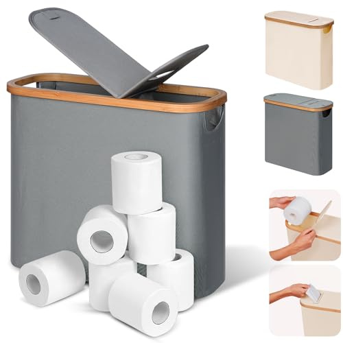 efluky 28L 2-in-1 Toilettenpapier Aufbewahrung Korb aus Bambus mit Papierauslass, Toilet Paper Organizer, Klopapier Aufbewahrung mit Deckel, Faltbarer Aufbewahrung Box für Badezimmer, WC (Grau)