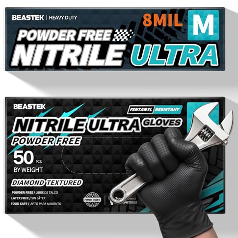 Beastek Nitrile Disposable Gloves, 8 Mil Powder Free Latex Free Chemical Resistant Heavy Duty Food Safe Diamond Gloves, Black 50 Pcs (Medium)