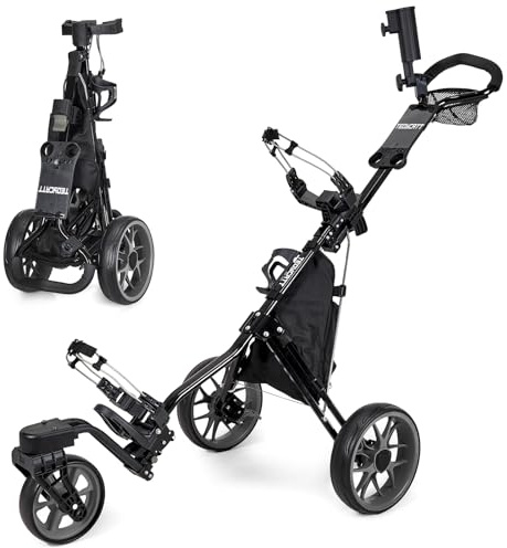 Tedycatt 360 Golf Push Cart: Lightweight Folding Swivel 3 Wheels Golf Caddy with Foot Brake, Cooler Bag, Drink& Umbrella Holder, Black Frame Gray Wheels