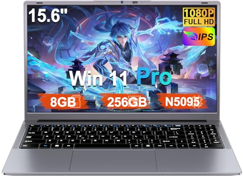 2026 Ordinateur Portable 15.6 Pouces Celeron N5095 Win11 Pro 8Go RAM 256Go SSD Extension1To 5G WiFi 1920x1080 FHD PC Portable avec Souris sans Fil qwerty Clavier avec AZERTY Membrane du Clavie-Gray-1
