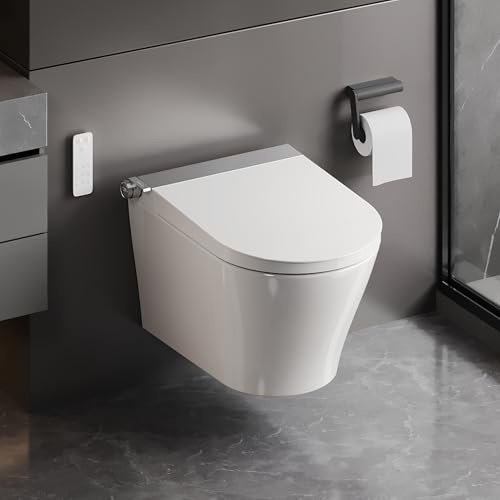 Smart Toilet Wall Hung with Warm Air Dryer, DeerValley Electric Bidet with Front & Rear Wash, Water Filtration, Dual Controls (Remote+Knob), Soft-Close Lid, Night Light