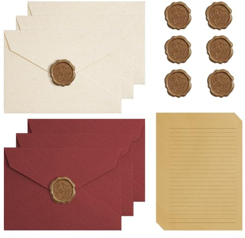 AOOSU Vintage brevpapper med kuvert, 22 st. kuvert brevpappersset med 10 ark A5-brevpapper linjerat, 6 linnekuvert och 6 vaxförseglingar, för inbjudan och kärleksbrev
