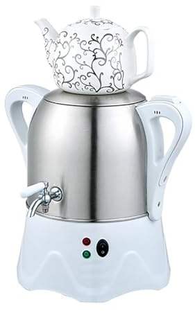 Elektrischer türkischer Teebereiter (2000 W), 3-Liter-Edelstahl-Teekanne, 1-Liter-Keramik-Teekanne, elektrischer Wasserkocher/Samowar mit Warmhaltefunktion, Porzellan-Teekanne(White)