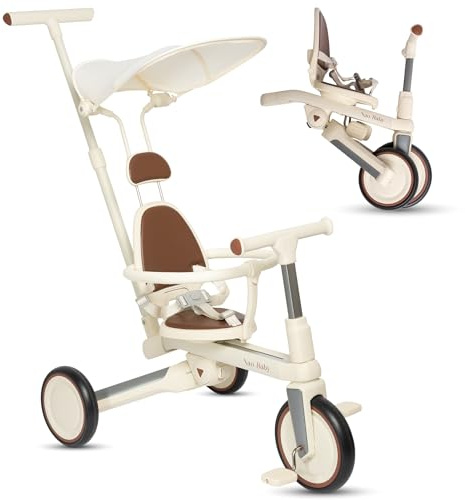 Triciclo Evolutivo Pieghevole e Regolabile per Bambini (1-5 Anni) con Maniglione Genitore – Triciclo Passeggino, Balance Bike e Bicicletta Bambini, Sicuro e Compatto (Con capote)