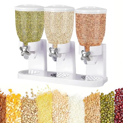 Gevvnss Triple Dry Food Cereal Dispenser,Dry Food Storage Dispenser for Kitchen,6L Cereal Storage Containers,Easy Control Kitchen Quick Dispenser,for Cornflakes,Candy,Sweets,Lentils (White)