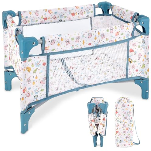 deAO Puppen-Reisebett Faltbar, Großes Puppenbett für 30-53 cm Puppen - Blau | ABS-Kunststoff, Abgerundete Ecken, Schnelle Montage, mit Tragetasche, Geschenke für für 3 +Jahre Mädchen, 56x33x33CM