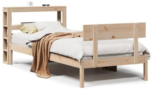 Mhdvray Massivholzbett 90x200 Kiefer unbehandelt mit Regal Kopfteil freistehend Einzelbett Gästebett Jugendzimmer Stauraumbett für Schlafzimmer Gästezimmer