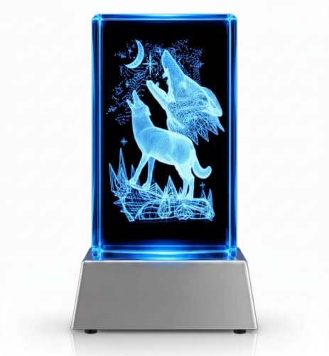 Kaltner Präsente Stimmungslicht - Ein ganz besonderes Geschenk: LED Kerze/Kristall Glasblock / 3D-Laser-Gravur/Wolfsfiguren-Modell, Wolf-Ornamente, Wolfskulptur, 3D Wolf Nachtlicht