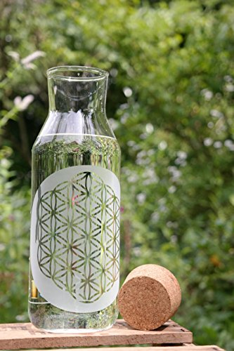 freiglas Carafe de 1,0 l avec la fleur de vie et bouchon en liège ~ Verre libre ~ Carafe à eau, fleur de vie, gravure