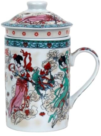 Keramik Teetasse mit Deckel + Sieb für Losen Tee mit Asiatischem Motiv (Drachenflug, 511) Japanische Chinesische Tasse Für Teeliebhaber, Porzellan Kaffee Geschenk Set Asien Asia Becher Haferl