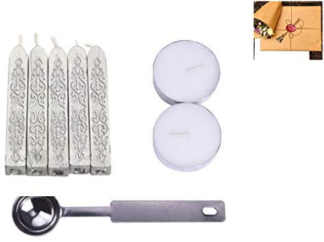 Siegellack Sticks, 5 Stück Siegelwachs mit 2 Stück Kerzen und 1 Stück Löffel für Wachssiegel Briefumschläge Brief Briefeinladungskarte Silber