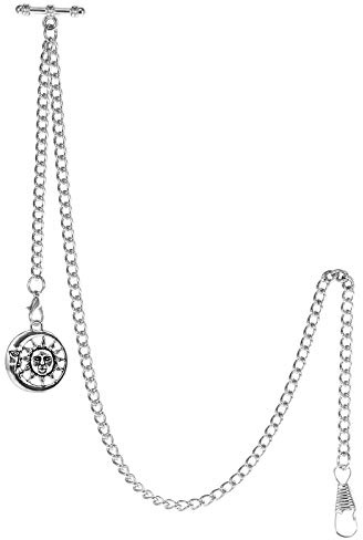 TREEWETO Chaîne de montre de poche avec embout en T Bar Albert T-Bar avec pendentif soleil antique et 2 crochets pour boutonnière gilet, Silber