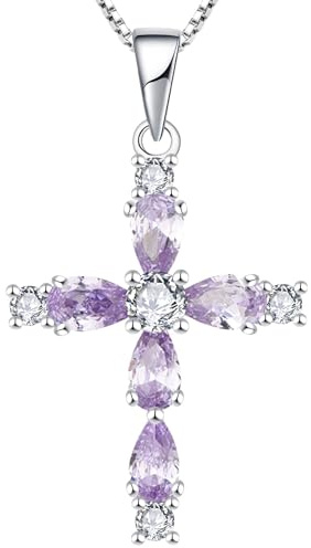 YL Kreuz Kette 925 Sterling Silber 12 Geburtsstein Zirkonia Kruzifix Anhänger Geschenke für Damen Mama, 45-48 CM