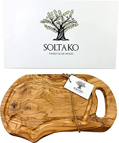 SOLTAKO Schneidebrett Olivenholz mit Griff [43-45 cm] Carthage natur, Brett aus Oliven Holz, Steakbrett, Servierbrett
