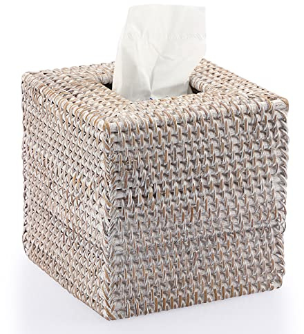 IGNPION Rattan Square Tissue Cover Holder Decoration Tissue Organizer Box Cube Tissue Paper Holder Box Tissue Storage Case Dispenser Napkin Organizer for House Office Car Hotel , Whitewash, 15x15x15