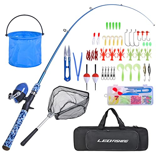 LEOFISHING Kids Fishing Pole Set with Full Starter Kits Portable Telescopic Fishing Rod and Spincast Reel with a Fishing Net and Bucket for Boys Girls and Youth (Blue)