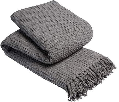 LIZZIE JACOBS New Lisbon 100% Cotton Throws Waffle Style Luxurious Super Soft Warm Cosy Sofa Bed Settee Chair Travel Blankets (Single - 127 x 152 cm, Grey)