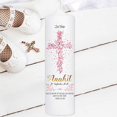 Wandtattoo Loft Taufkerze Mädchen personalisierte Patenkerze, Motiv Heiliges Kreuz aus rosa Blättern, 18cm x 7cm, personalisierte Kerze, bedruckte rosa Kerze Taufe, individuelles Taufgeschenk