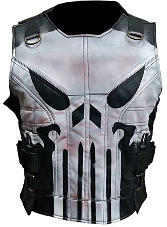 Chaleco de diseño de calavera The Punisher para hombre de cuero negro | Frank War Zone Tactical Style, Diseño 1 - Negro - Piel sintética, XL
