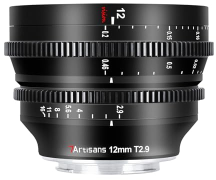 7Artisans Objectif Cine 12 mm T2.9 Grande Ouverture APS-C Ultra Grand Angle, Mise au Point Manuelle Fixe Faible Distorsion Objectif cinéma Compatible avec Fujifilm X-Mount, Noir