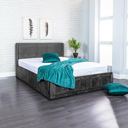 SANA SLEEP Upholstered Bed | Ottoman Frame Grey Plush Fabric With Storage (4FT6 Double)