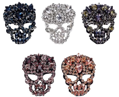 FINGERINSPIRE 5 Stück 5 Farben Totenkopf Glas Strass Perlen Patch 51x62 mm Stoff Zum Aufnähen Basteln Perlen Skelett Patches Große Strass Applikations Patches Für Kleidung Kleid Hut Jeans