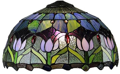 BOTOWI 16 Inch Lamp Shade Replacement, Only Tiffany Stained Glass Lamp Chimney, Tulip Design, Red Purple Floral Fit for Table Lamp, Pendant Light, Floor Lamp,Blue