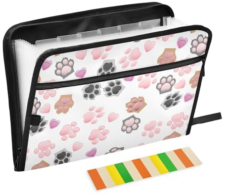 Akkordeon-Aktenordner für Valentinstag, Katzen, Hunde, Pfote, mit Krallen, 13 Taschen, A4, Briefform, Büroordner mit Reißverschluss, Kunststoff, Fächermappe für Krankenschwestern und Unternehmen