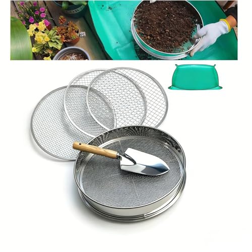 Soil Sifter for Gardening, 12 Inch Stainless Steel Soil Sifter with 4 Replaceable Fine Screens and Shovel, Sieve for Sand Rocks Dirt Compost