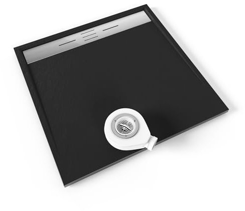 Moments of Glass Piatto doccia SMC Hiemal 100 x 100 cm, nero RAL 7021 – antisdrucciolo, texture lavagna, antibatterico, resistente agli agenti chimici, include valvola e griglia in acciaio inox