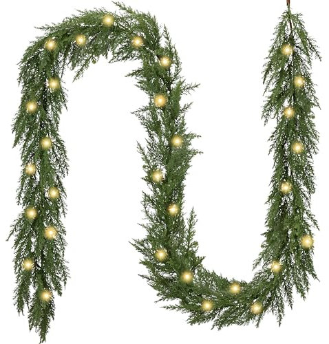 Valery Madelyn 9ft/275cm Christmas Garland with Lights, Pre Lit Norfolk Pine, Faux Cedar, Green, Xmas Faux Cedar Garland Real Touch Decorations for Stairs, Fireplace, Outdoor