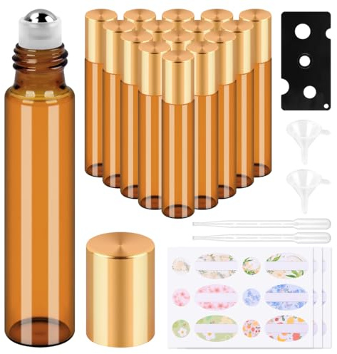 BELICOO 15 Pcs Essential Oils Roller Bottles, 10ml Amber Roller Bottles for Essential Oils Set with Stainless Steel Ball for Essential Oils, Perfumes, Cosmetics,Aromatherapy Massage (Golden lid)
