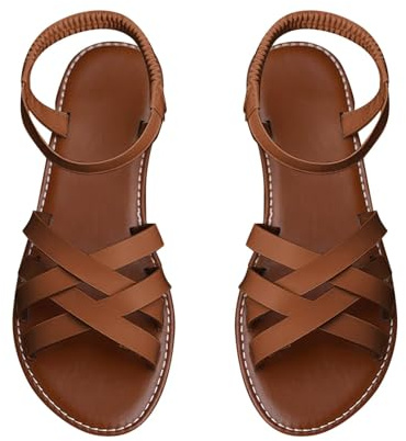 Lädersandaler damer sommar eleganta, romerska sandaler damer platta sandaletter moderna lätta ortopediska gummiband sandaler/bekväma sandaler/barfotaskor sandaler/sommarsandaler/strandsandaler, BRUN,