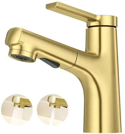 CREA Modern Waschtischarmatur Badezimmer mit 2 Wasserstrahlarten Brause ausziehbar, Einhebelmischer Armatur Wasserhahn Bad für Waschbecken, aus Messing Gebürstetes Zirkonium Gold