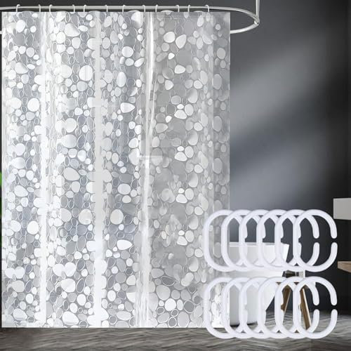 Cortina de Ducha Translúcida Impermeable, 200 x 180CM EVA Cortina de Baño, Cortinas de Baño EVA Lavable, con Patrón de Guijarros 3D, Antimoho, Antibacteriano, con 12 x Ganchos, para Ducha o Bañera