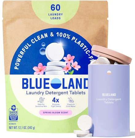 BLUELAND Waschmittel-Tabletten-Starter-Set, Frühlingsblütenduft – plastikfreie & umweltfreundliche Alternative zu Blättern Pods und Flüssigkeiten – natürlich, sanft, pflanzlich – 60 Waschladungen