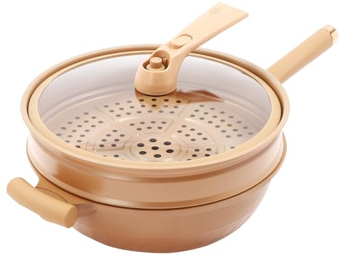 JUOPTGJ Multifunctional Non-Stick Clay Pressure Cooker with Steamer Basket, Home Cooking Pan for Stir-frying, Steaming, Stewing, and Deep-frying