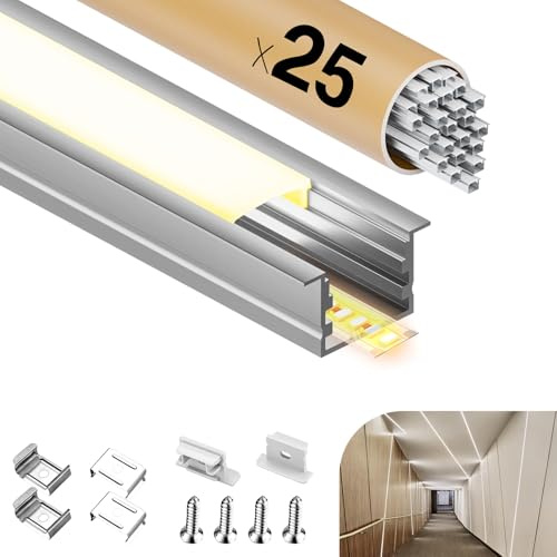 GEEKLUX LED Aluminium Profil 2 m x 25 (50 m) U-Aluminiumprofil für led Streifen bis 15 mm – led Profil mit milchigem Diffusor, Endkappen, Schrauben und Montagematerial, 2000 x 27,2 x 15 mm